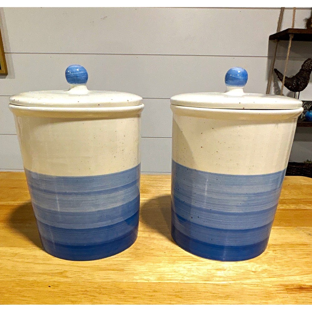 Boston Warehouse Ceramic Blue/White Striped Canisters w Lids Set of 2, 7.5" tall